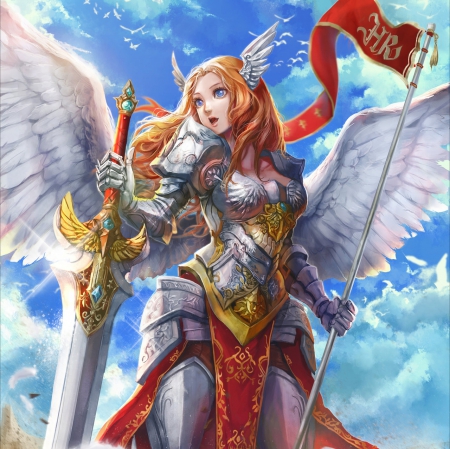 Paladin Wings - anime, female, wing, blonde, angel, blond hair, long hair, armor, blond, hd, weapon, sky, anime girl, beautiful, girl, sword, blonde hair, feather, beauty, brown hair, blade, cg, fantasy, wings, cloud, fantasy girl