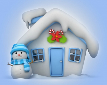 Blessed Christmas - house, christmas, snow, snowman