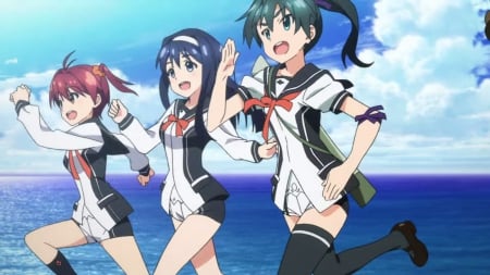 Run ... Run ... Run - pretty, anime, kawaii, female, blue, green hair, long hair, red head, happy, short hair, blue hair, nice, smiling, sky, vividred operation, anime girl, running, water, run, girl, sea, lovely, sweet, redhair, cloud, cute, adorable