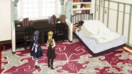 We Know U Under There - bed, female, blod hair, blond, anime girl, home, blonde hair, window, table, anime, house, haria shidou, scene, girl, long hair, maria, maria holic, scenery, bedroom, maid, blonde