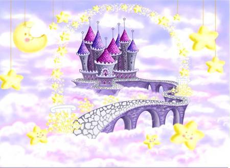 Castle in the stars - moon, stars, castle, clouds, bridge