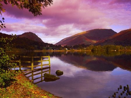 English Sunset - sky, lake, purple, mountains, clouds, reflections, sunset, england