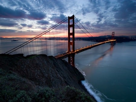 Golden Gate Bridge - golden gate bridge, ocean, cloudy sky, america