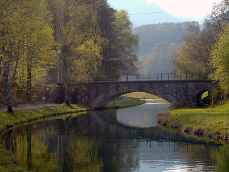 Tranquil Setting - misty, trees, tranquil, grassy banks, lake, bridge