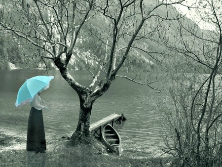 By the water's edge - trees, lady, lake, black and white, blue umbrella, canoe