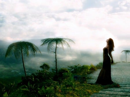 In thought - misty, palms, lady, cloudy sky, thinking, paved walkway