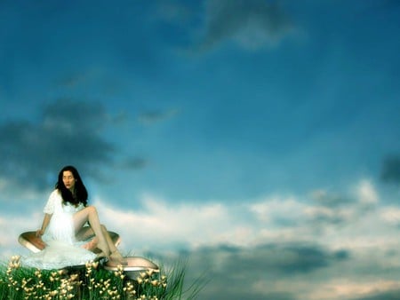 In a trance - flowers, lady, mushrooms, cloudy sky, dreaming, eyes closed