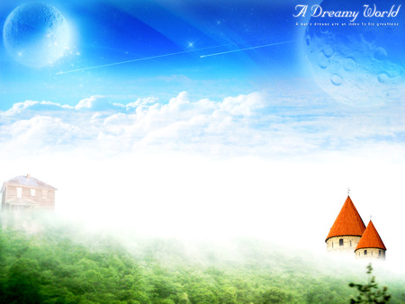 Its a dreamy world - house, planets, trees, cloudy sky, castle