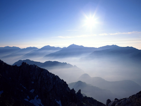 Majestic Mountain Range - morning sunshine, mountains, foggy