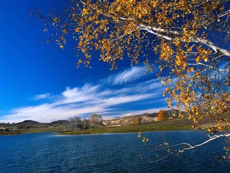 Quiet days of fall - clouds, calm lake, blue sky, autumn leaves, green banks