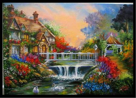 A Garden Dream - swans, waterfall, garden, gazebo, painting, houses, art, bridge