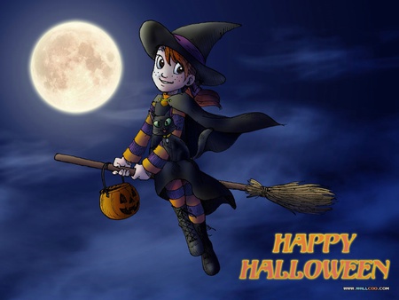 Halloween Happiness - halloween, pumpkin, full moon, night, girl on broom