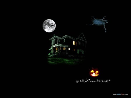 Spooky House - house, dark of night, bat, halloween, lightning, full moon, lit up pumpkin