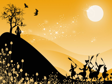 Halloween Dance - halloween, bats, mountain, full moon, witches, dancing