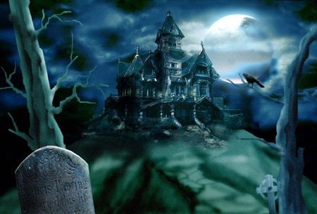 Spooky Night - trees, raven, spooky house, halloween, cloudy sky, headstone, full moon