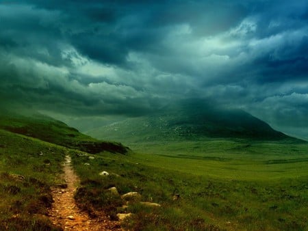 Green Hills - green hills, dark cloudy sky