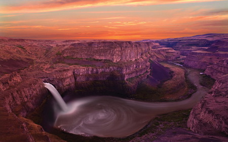 Mountains and Waterfall - mountains, swirling water, orange sky, waterfall