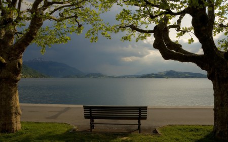 A Spot to Think - calm, footpath, lake, trees, tranquil, bench seat, mountains