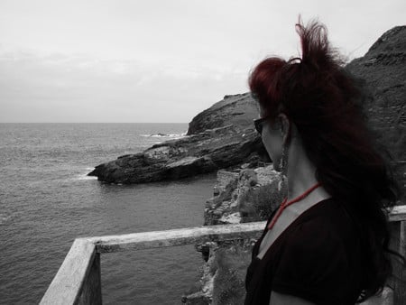 looking out to sea - female, red, model, girl, landscape, sea, gothic, ocean