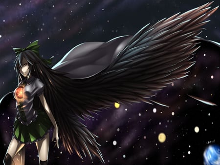 Reuji Utsuho By touhou-zero - planets, black, fantasy, winged, wings, angel, stars, black wings