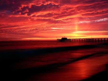 Magical Sunset - clouds, sunset, reddish sky, beach, ship, ocean