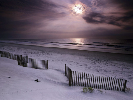 Sunrise on the beach - fence, beach, white sand, mauve skies, sunrise