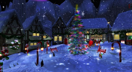 Christmas in Town - decoration, lights, houses, xmas, penguins, tree, artwork, snow