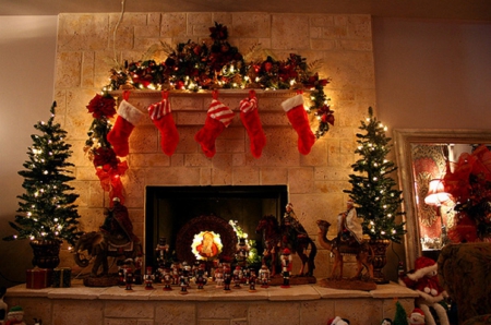 Christmas fireplace - house, architecture, christmas tree, fireplace