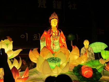 Korean Light Lotus festival - lotus, flowers, statue, leaves