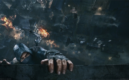 Thief - black, game, fantasy, hand, fire, thief, man, wall