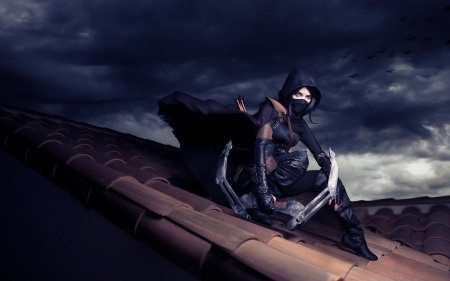 Thief - game, blue, girl, thief, night, black, fantasy, roof, mask, woman