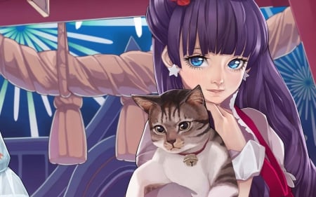 Girl and cat - red, purple, animal, pink, cat, anime, blue, manga, dong xiao