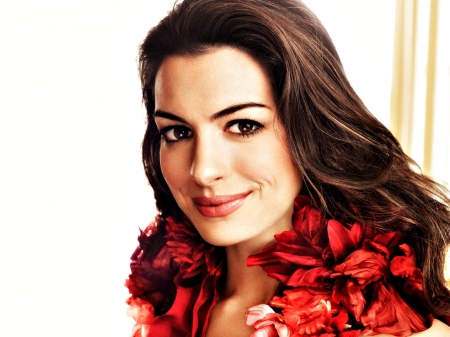 Anne Hathaway - white, woman, face, actress, girl, red, anne hathaway, smile