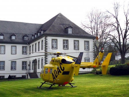 Heli - trees, photography, abstract, yellow, abbey, castle, helicopter, green, tree, grass