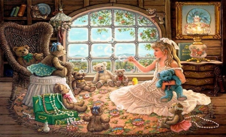 Little Girl's Dream - abstract, teddy bears, fantasy, tea party, little girl