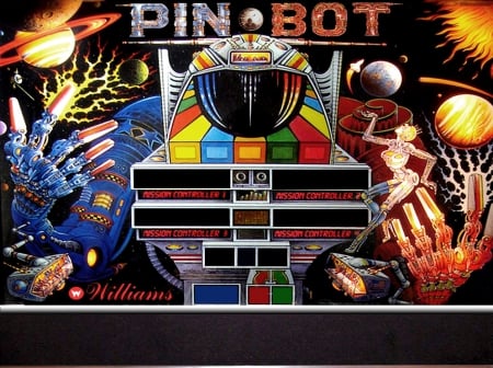 PINBOT - pinball, aracade game, robot, planets, classic game, cyber girl, backboard, pinbot, robot girl