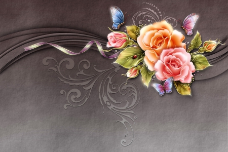 Romantic_Roses - butterfly, background, grey, rose