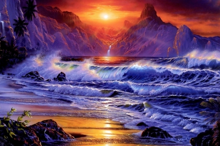 Sunset - sunset, mountain, sea, waves