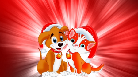 Christmas friends - background, puppy, smiling, kitty, winter, christmas, friends, sweet, cute