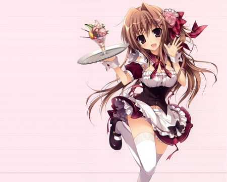 Here's Ur Order - pretty, anime, play, kawaii, female, food, long hair, ice cream, hd, nice, apron, icecream, anime girl, hot, girl, simple, lovely, brown hair, maid, sweet, waitress, cg, sundae, tray, cute, adorable, sexy