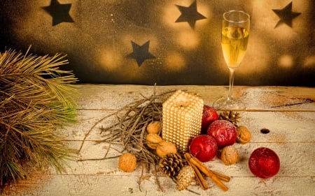 Christmas decoration - cone, candle, stars, champagne, branch, winter, wine, christmas, balls, pretty, arrangement, beautiful, holiday, cheers, decoration