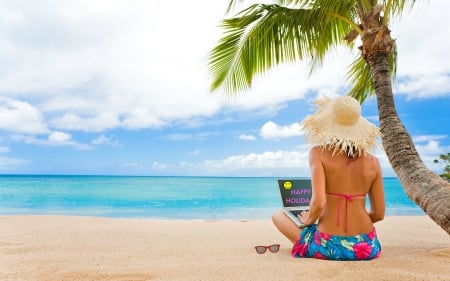 Happy Holidays - lap top, beach, model, bikini