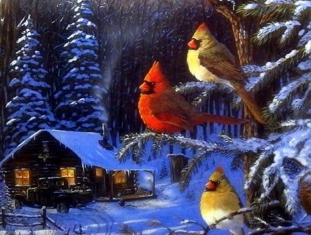 ★Cabin Fever★ - pretty, birds, creative pre-made, snow, Christmas, branches, winter, beautiful, paintings, colors, lovely, xmas and new year, three, cardinals, cabins, love four seasons, animals