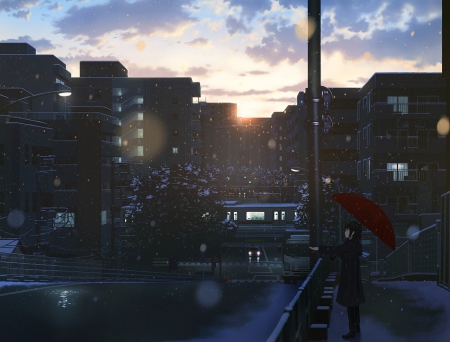 Winter Day - winter, town, snow, orginal, girl, city, umbrella, sunset, art