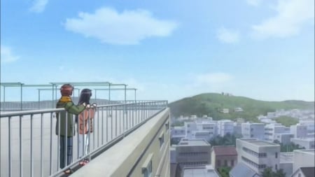 The View - nice, sky, female, hanbun, use, akiba rika, anime girl, akiba, pretty, cloud, anime, house, scene, male, anime couple, building, couple, rika, girl, lovely, hanbun no tsuki ga noboru sora, rika akiba, boy, city, scenery, sweet, guy