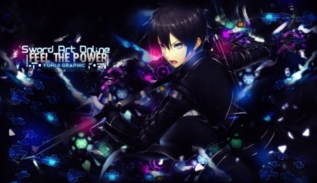 Feel the Power - anime, kazuto, guy, emotional, boy, male, short hair, kirigaya, sword art online, hd, weapon, sao, kirito, kirigaya kazuto, abstract, beater, kazuto kirigaya, sword, cool, blade, cg, black, fantasy, sinister, black hair