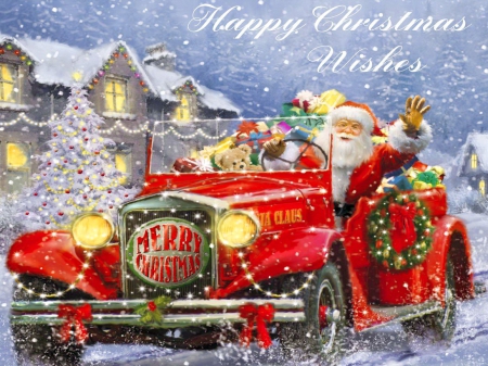 Warm christmas wishes - snowfall, houses, ride, winter, snowflakes, christmas, santa, car, warm, sleigh, wishes, snow, holiday, tree, happy