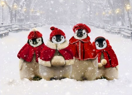 Cute christmas friends - winter, snowflakes, beautiful, snow, sweet, street, christmas, santa, holiday, cute, friends, snowfall