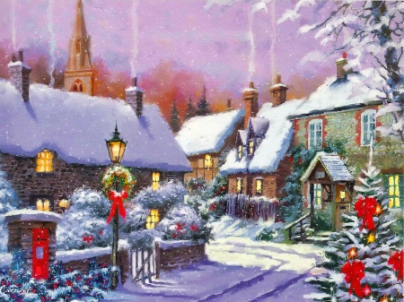 Christmas time - houses, trees, peaceful, winter, time, christmas, painting, village, art, artwork, frost, snow, beautiful, holiday, decoration