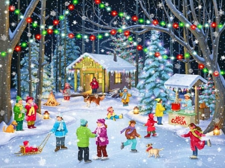 Woodland skaters - fun, magic, snow, skate, children, forest, joy, holiday, art, house, kids, winter, beautiful, woodland, tree, christmas, ice, lights, painting